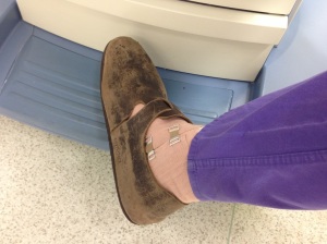 My bound-up right foot. Note the manky old Birkenstocks that I have worn daily for the past ten years...